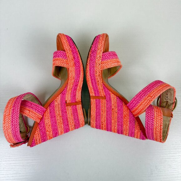 Stuart Weitzman Sherbert Laniard Pink Orange Braided Leather Wedge Sandals - Picture 6 of 11